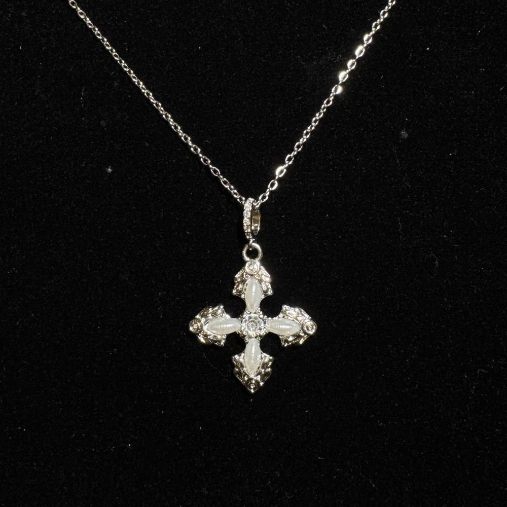 Pearl-Style Cross Pendant Necklace with Cubic Zirconia